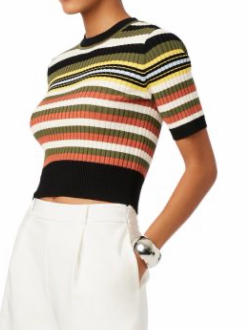 TOCCIN Ribbed Striped Crop Top - Olive, Rust, Cream & Black
